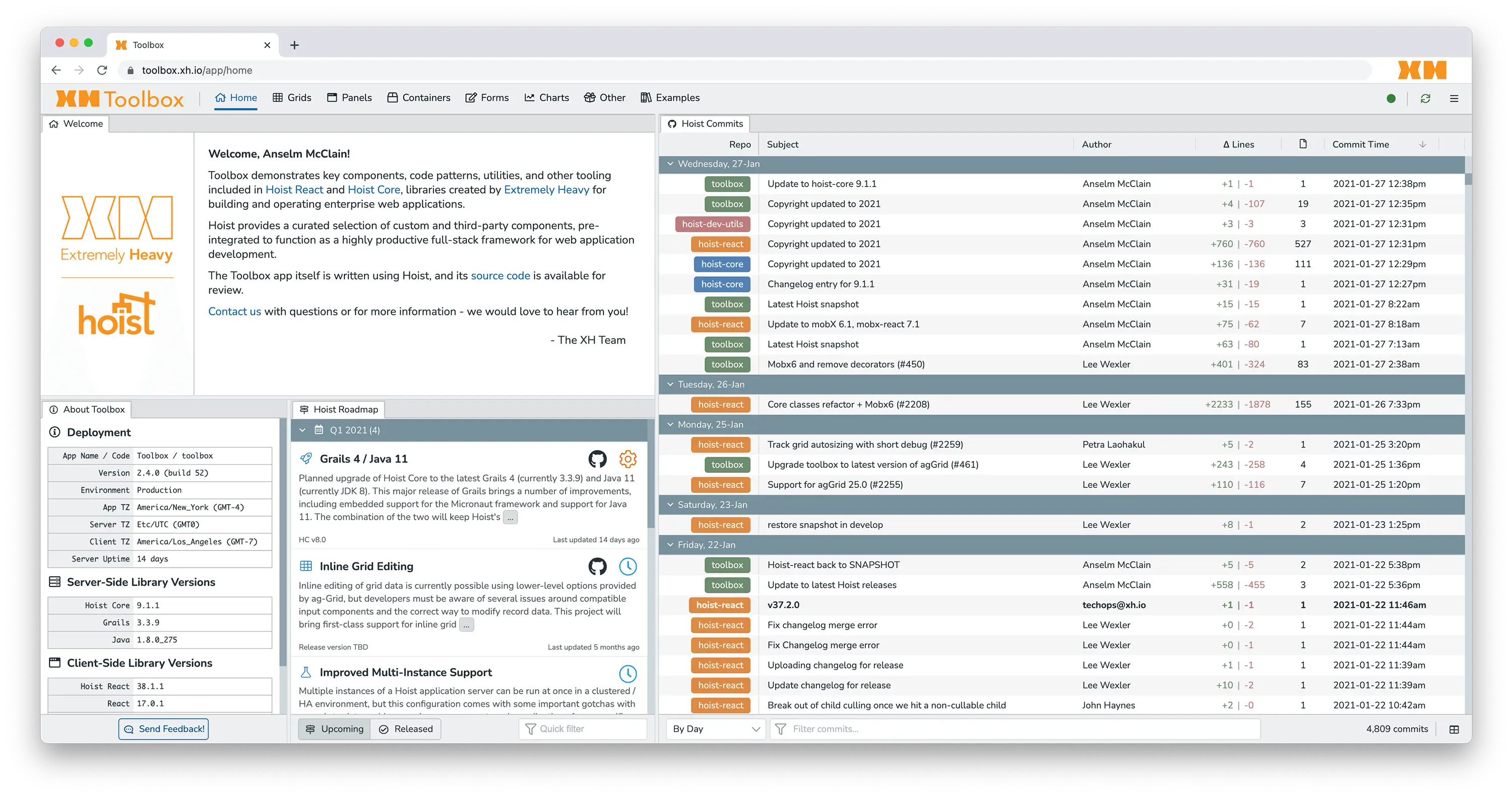 Toolbox&rsquo;s dashboard includes several common components, along with a live feed of Hoist commits.