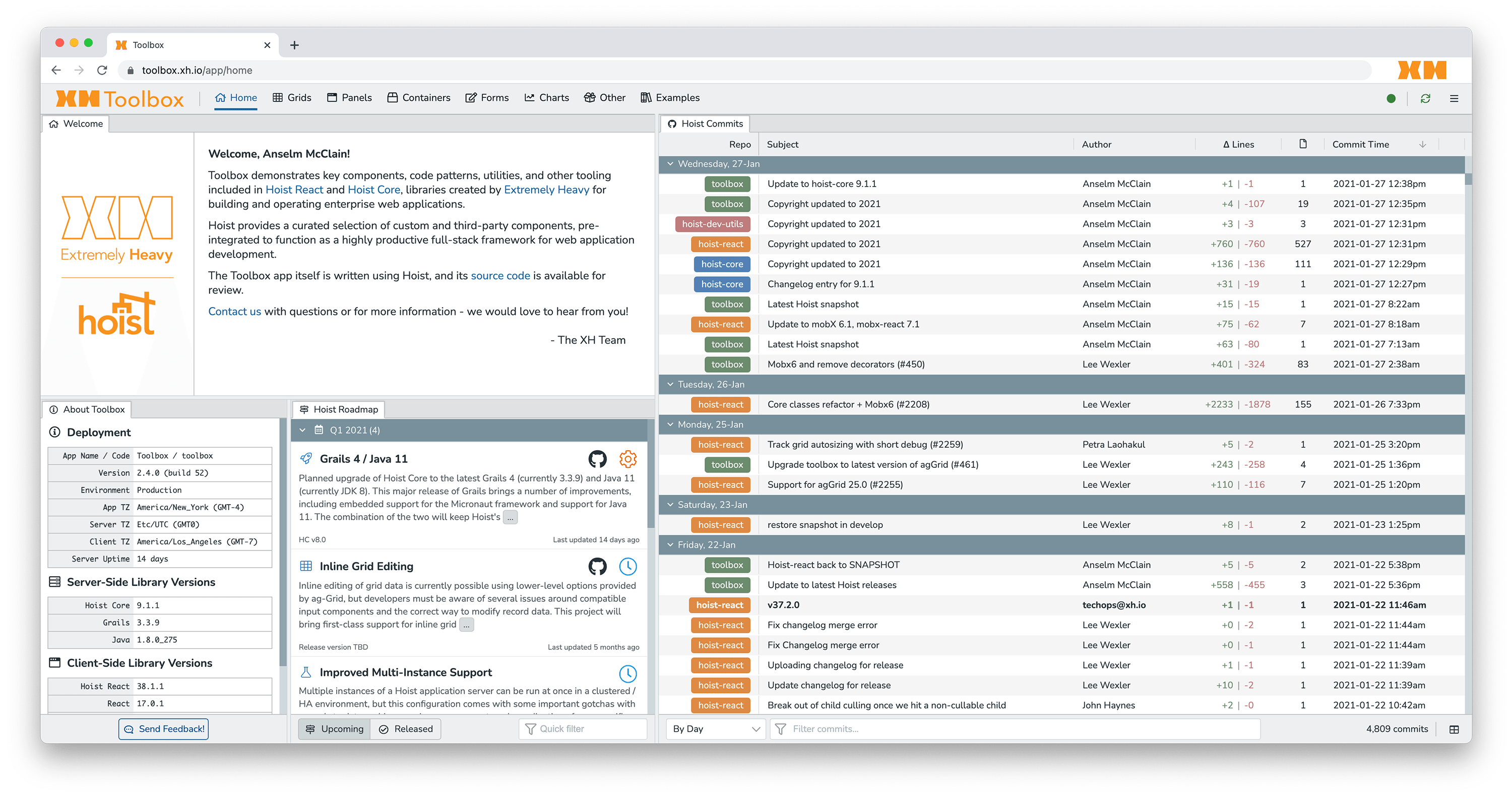 Toolbox&rsquo;s dashboard includes several common components, along with a live feed of Hoist commits.